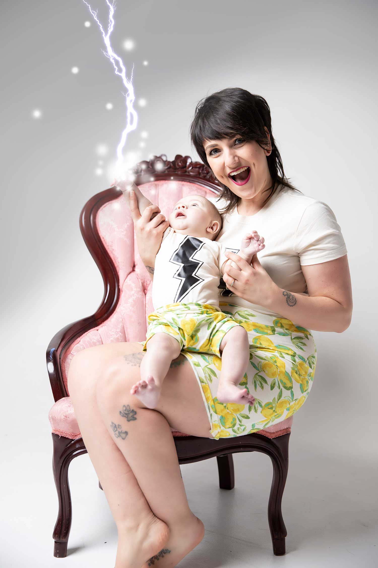 mom and baby wearing matching organic lightning bolt shirts
