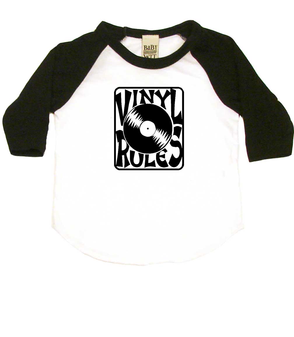 Vinyl Rules Baby One Piece or Raglan Tee-White/Black-3-6 months