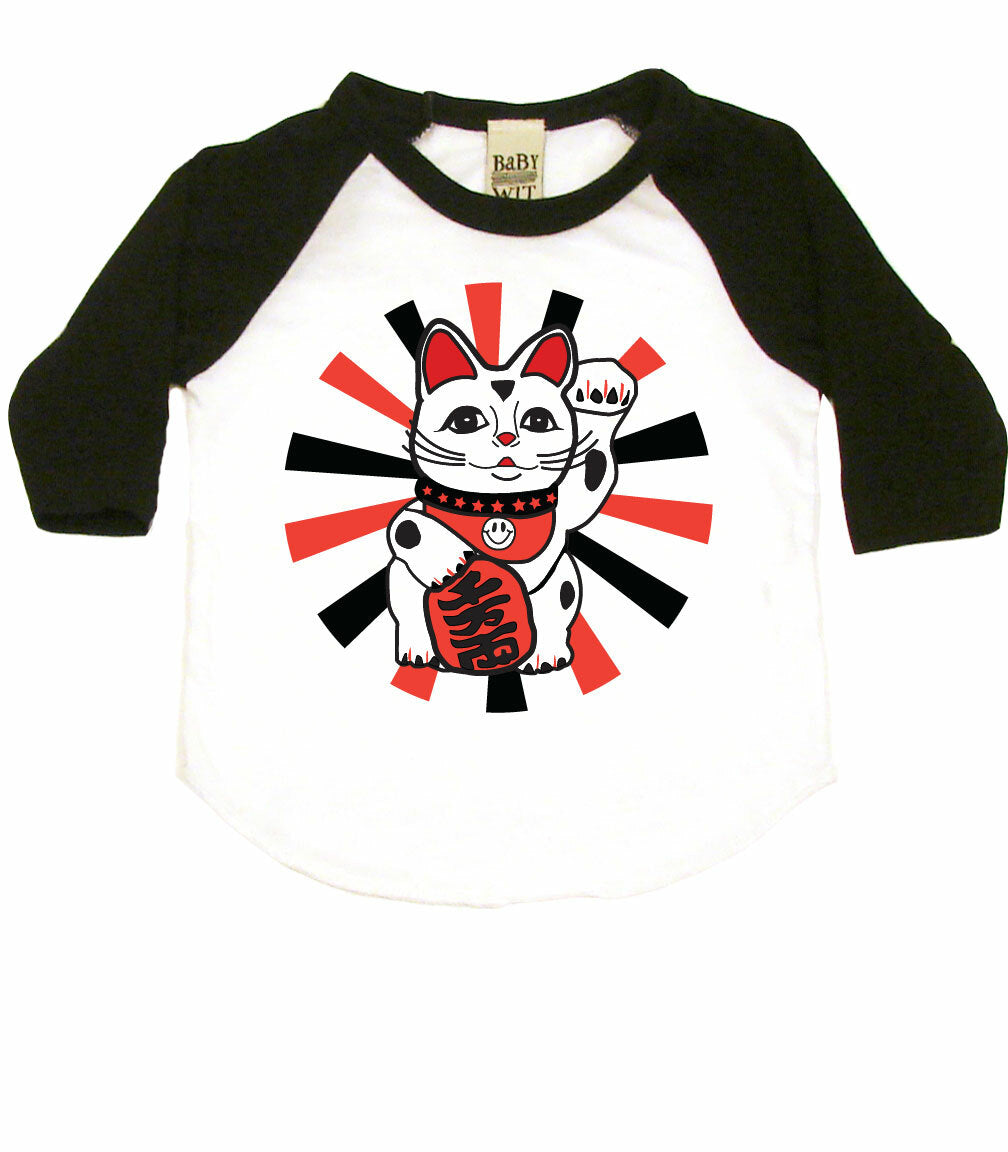 Japanese Lucky Cat Infant Bodysuit or Raglan Tee-White/Black-3-6 months