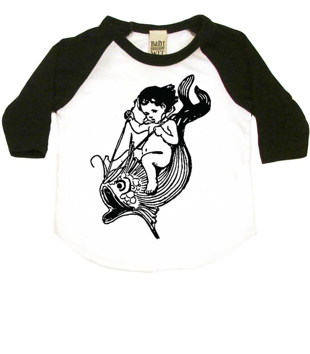 Water Baby Riding A Giant Fish Infant Bodysuit or Raglan Tee-White/Black-3-6 months