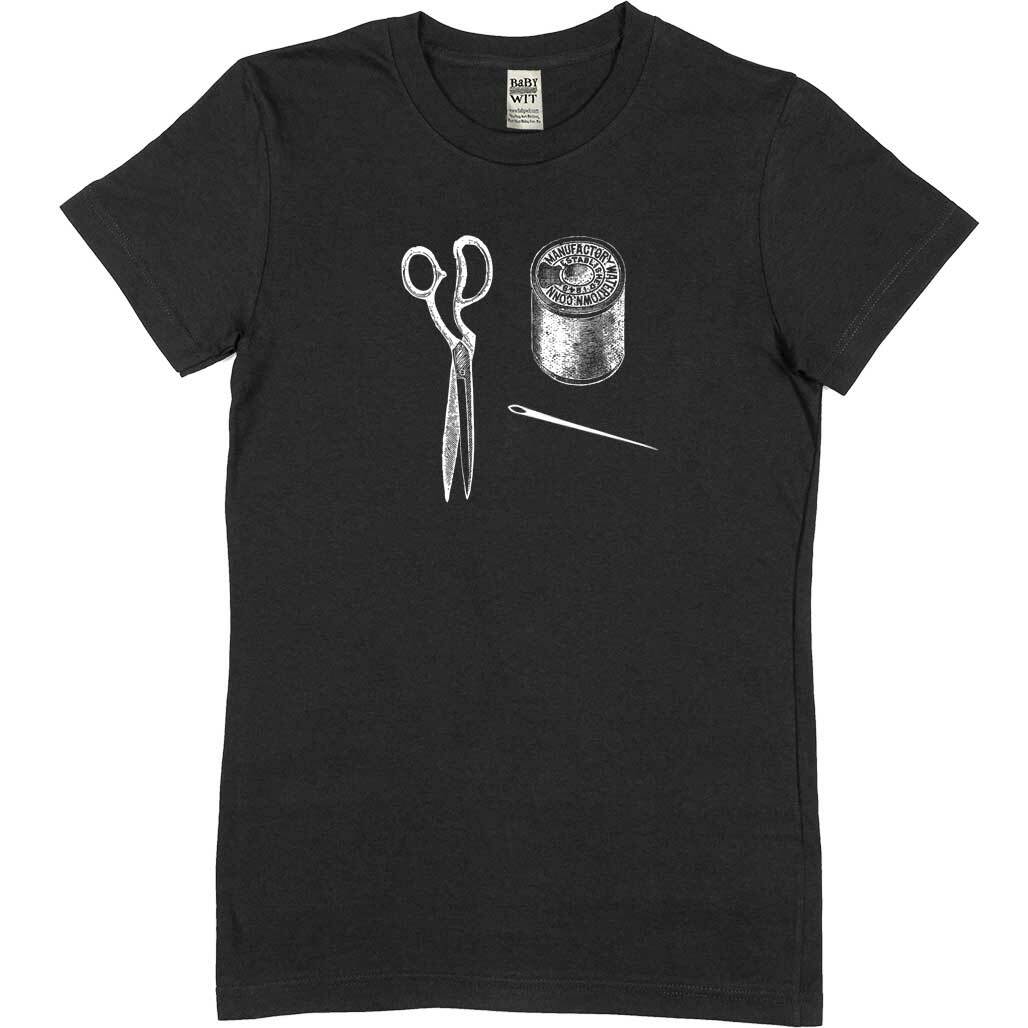 Vintage Sewing Kit Unisex Or Women's Cotton T-shirt-Black-Woman