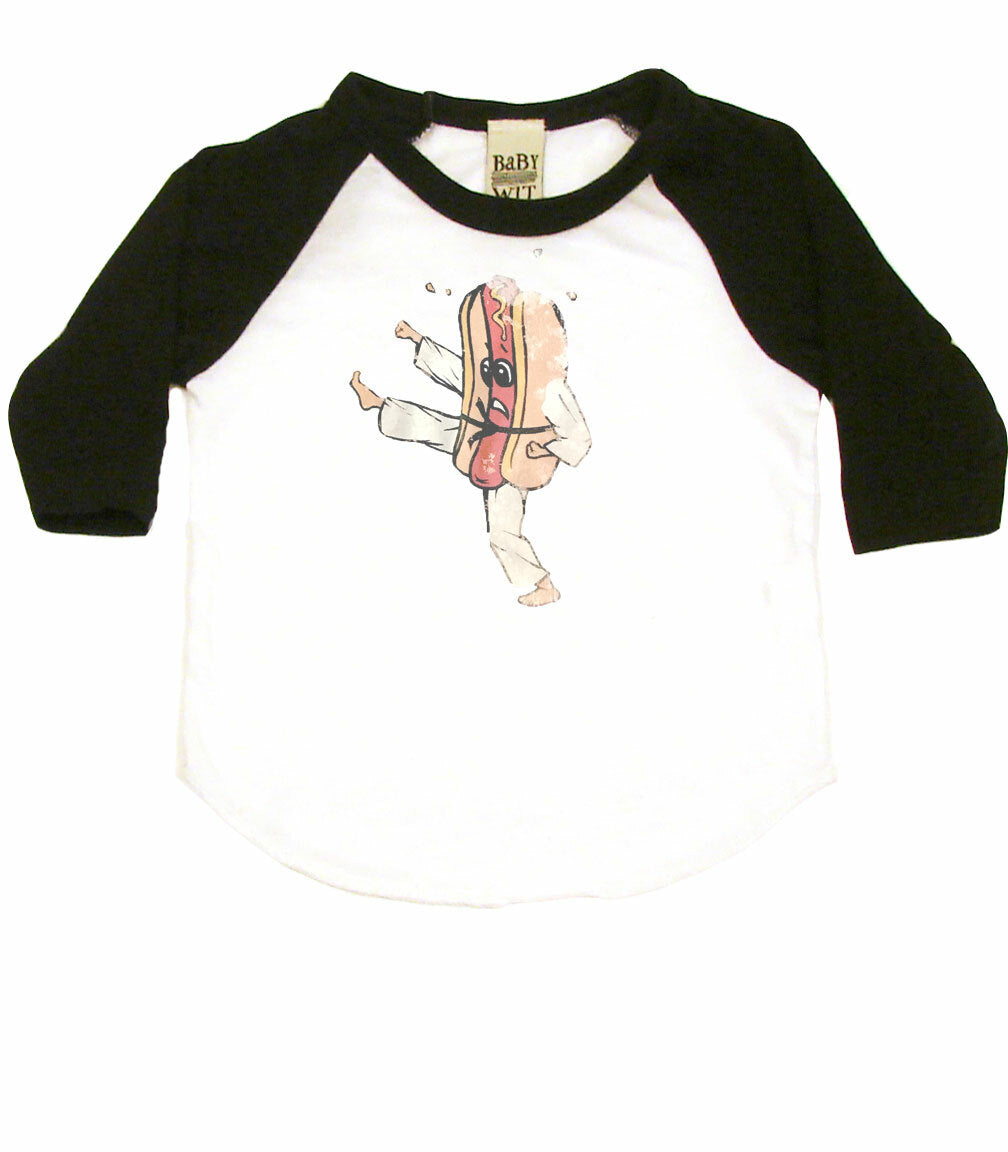 Vintage Hot Dog Baby One Piece or Raglan Tee-White/Black-3-6 months