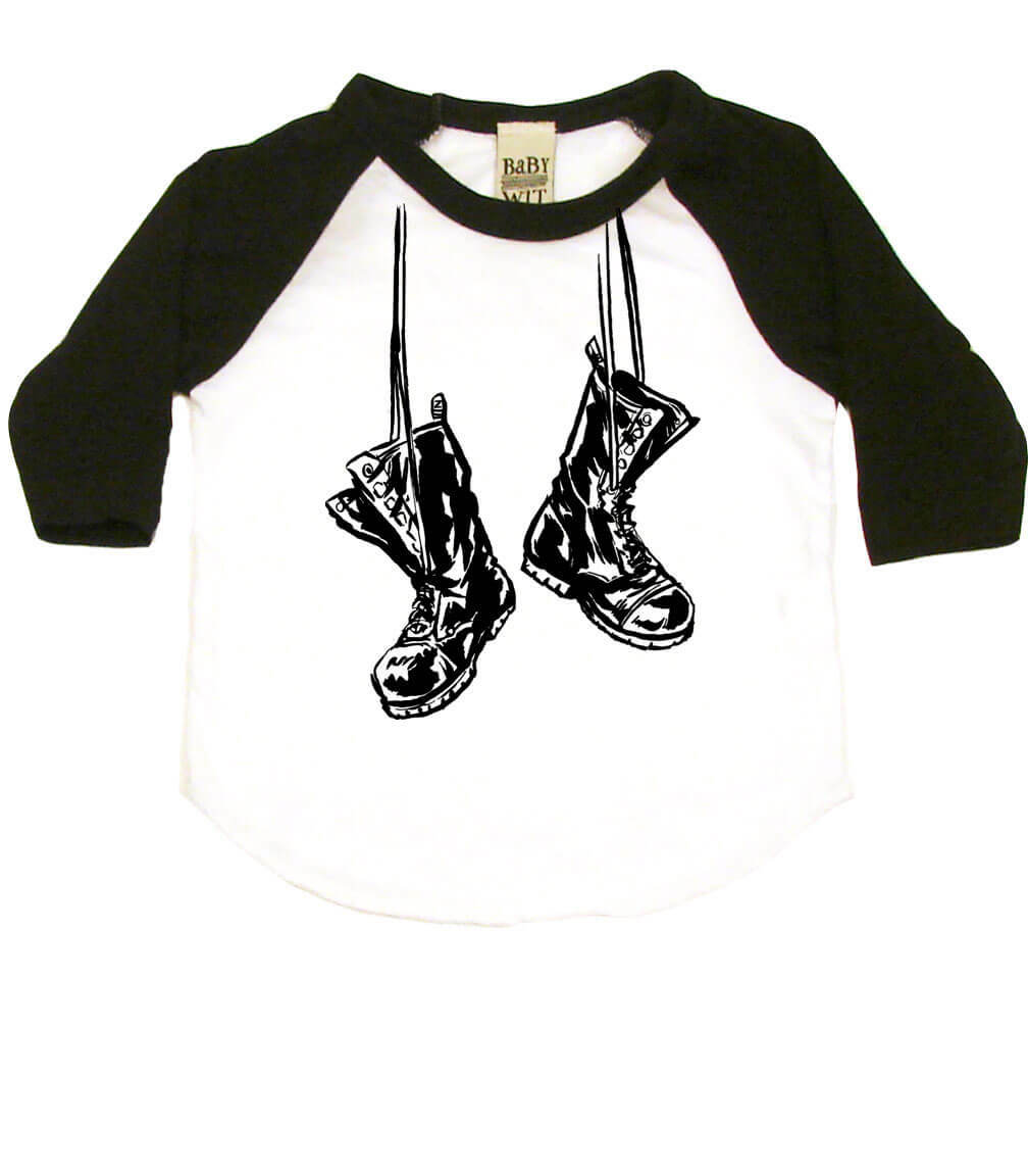 Baby Combat Boots Infant Bodysuit or Raglan Tee-White/Black-3-6 months