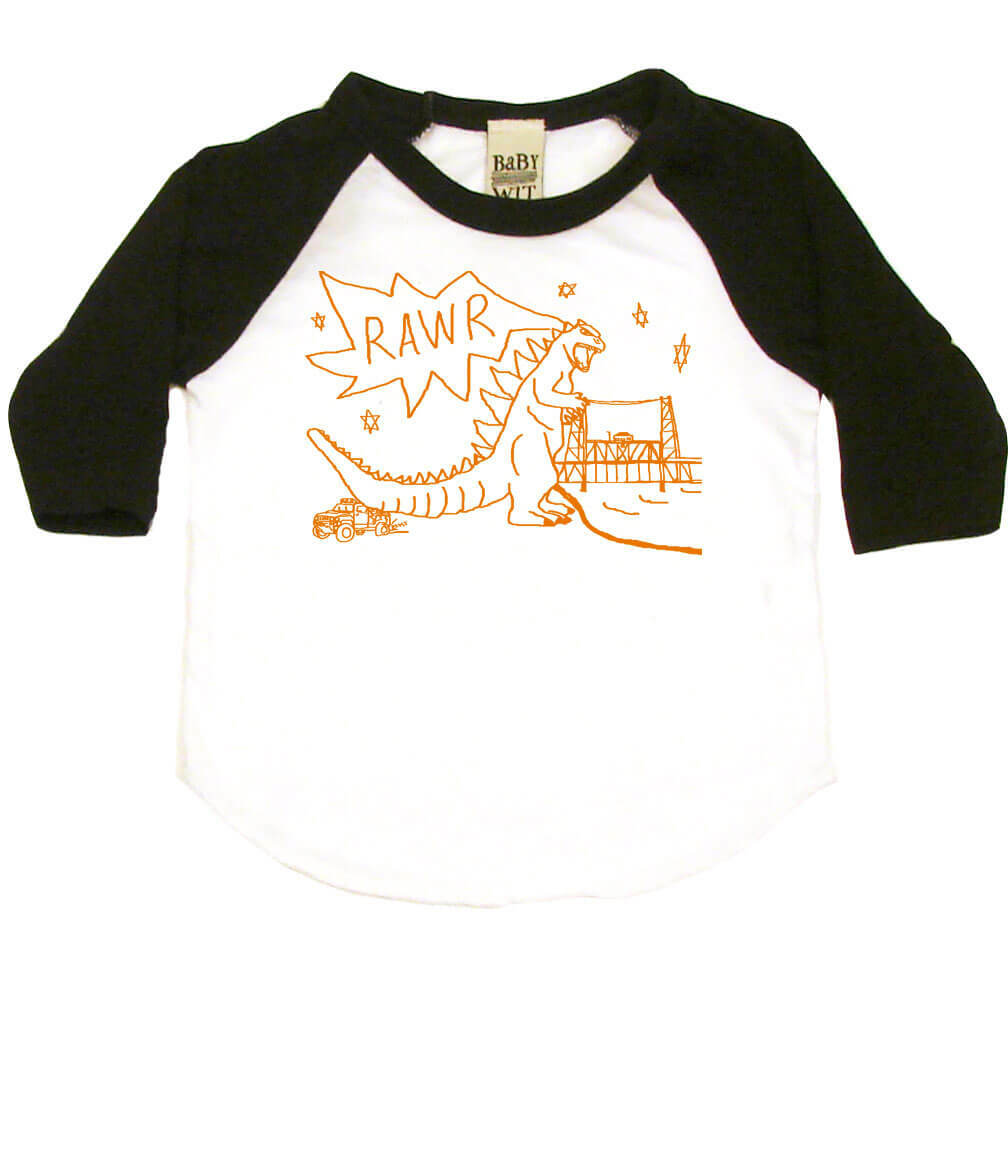 RAWR Dinosaur Infant Bodysuit or Raglan Tee-White/Black-3-6 months