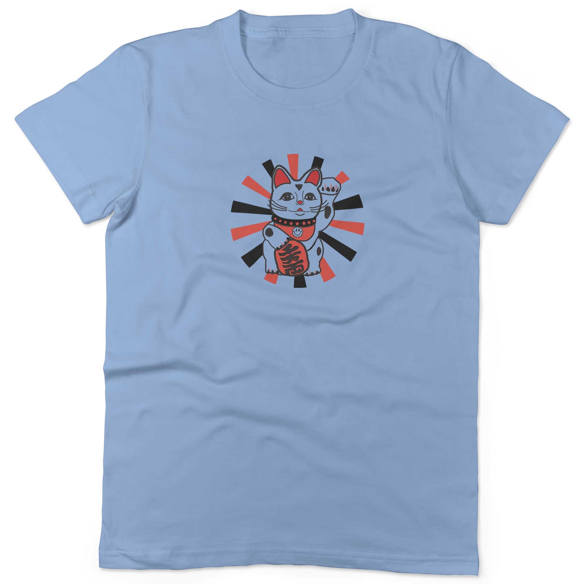 Japanese Lucky Cat Unisex Or Women's Cotton T-shirt-Baby Blue-Woman