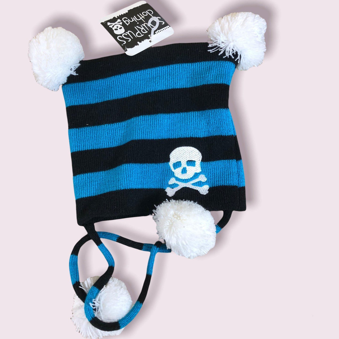 Blue & Black Striped Skull Pom Pom Hat for Toddlers-