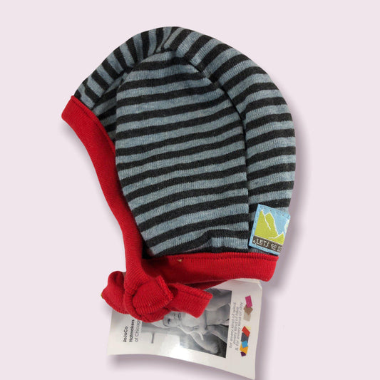 Grey & Red 100% Organic Cotton Striped Earhart Infant Hat-