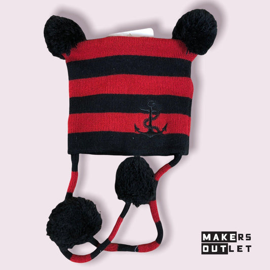 Red & Black Striped Anchor Pom Pom Hat for Infants-