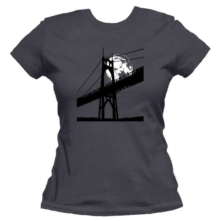 St Johns Bridge Under A Full Moon Unisex Or Women's Cotton T-shirt-Asphalt-Woman
