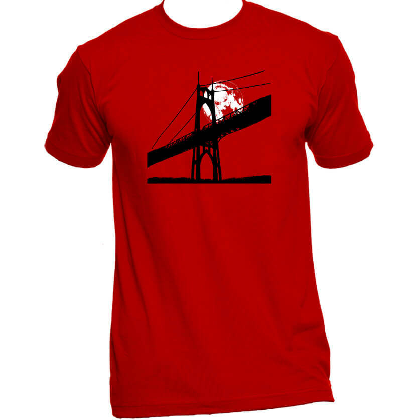 St Johns Bridge Under A Full Moon Unisex Or Women's Cotton T-shirt-Red-Unisex