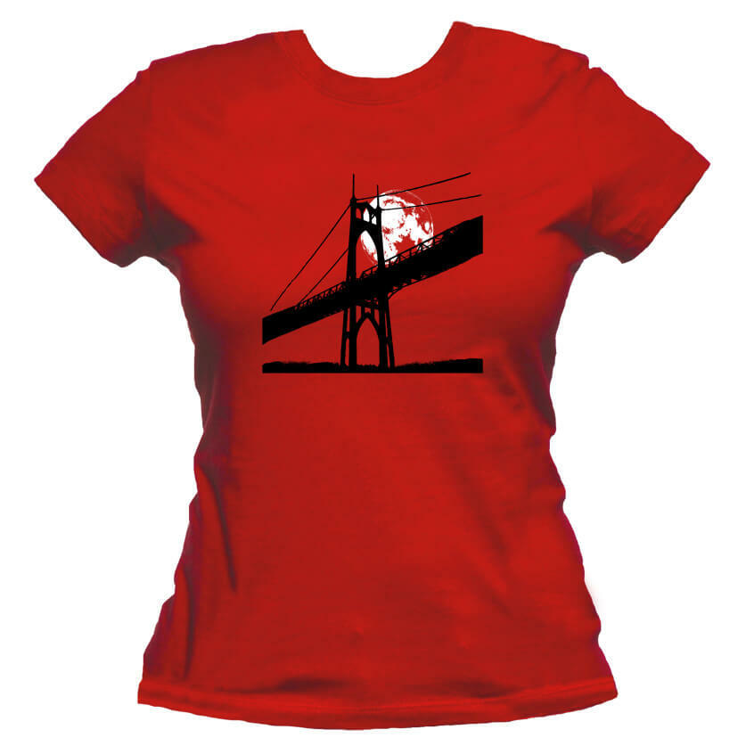 St Johns Bridge Under A Full Moon Unisex Or Women's Cotton T-shirt-Red-Woman