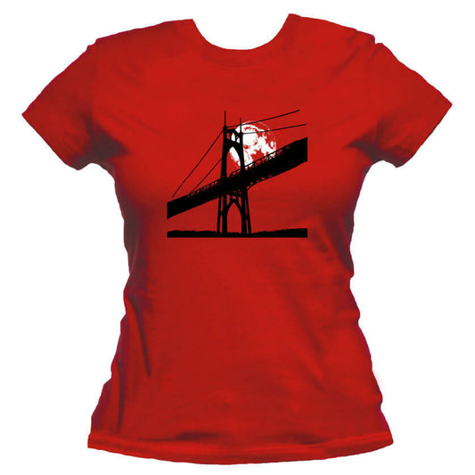 St Johns Bridge Under A Full Moon Unisex Or Women's Cotton T-shirt-Red-Woman