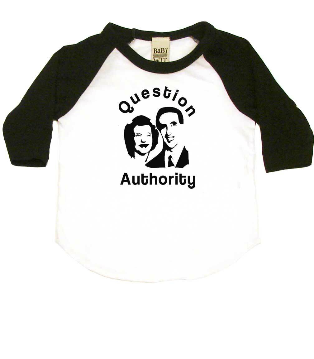 Question Authority Infant Bodysuit or Raglan Tee-White/Black-3-6 months